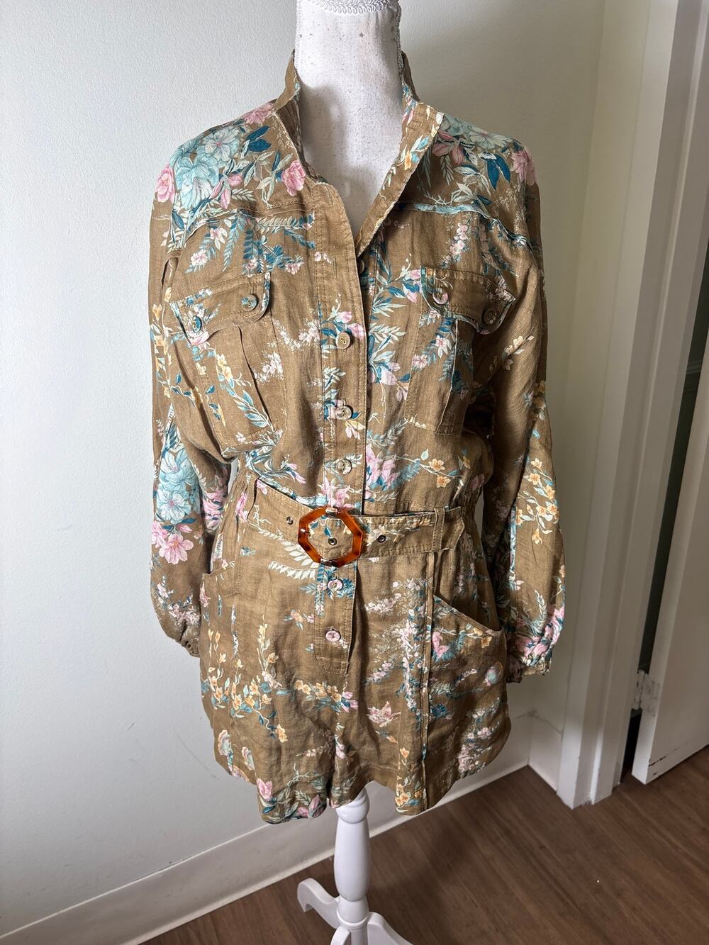 Zimmermann Khaki Floral Long Sleeve Belted Linen Romper Sz 2
